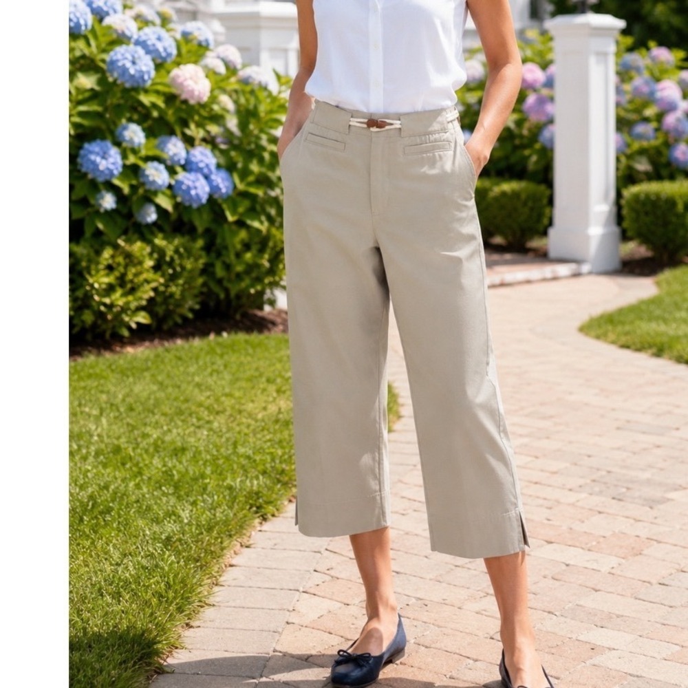 Christopher & Banks  Khaki Rope Belt Crop Pants Tan Wide Leg Nautical Chino Sz 4